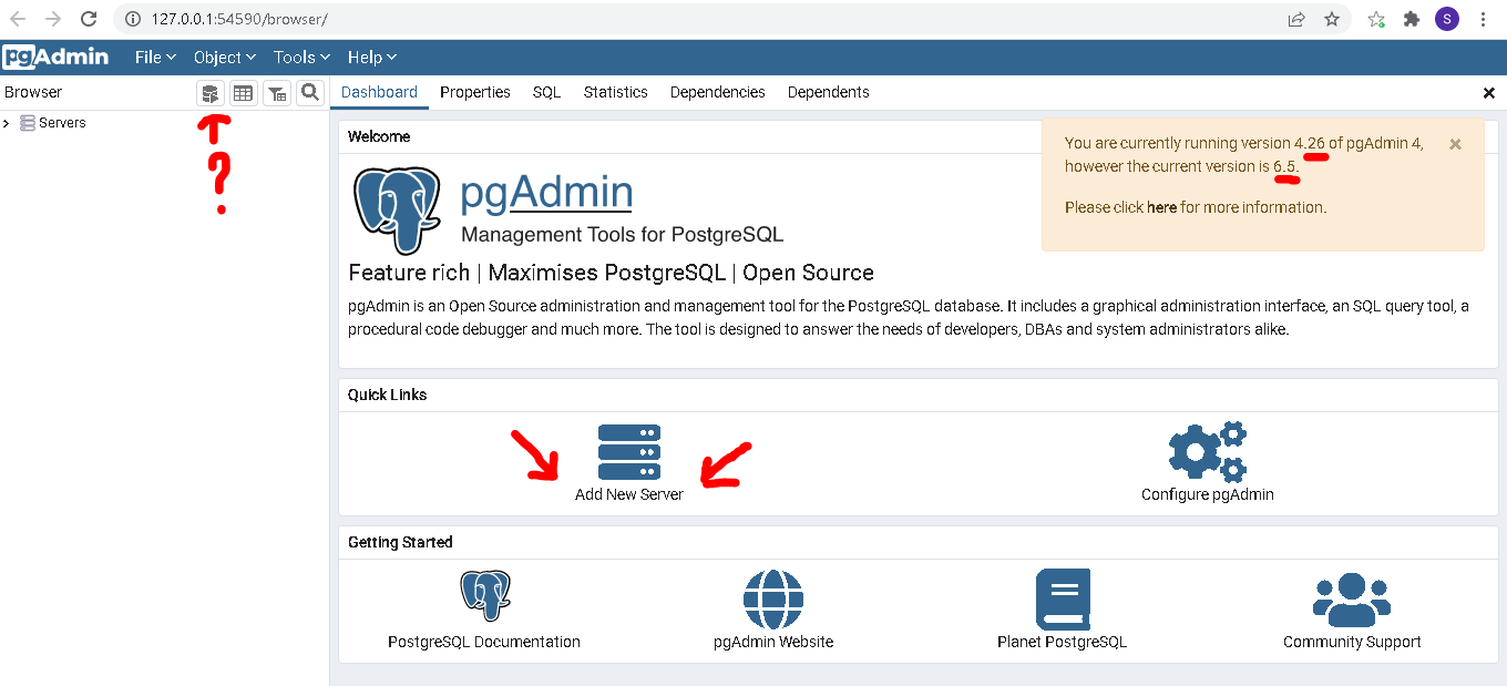 what pgAdmin looks like without a postgres instance for a server