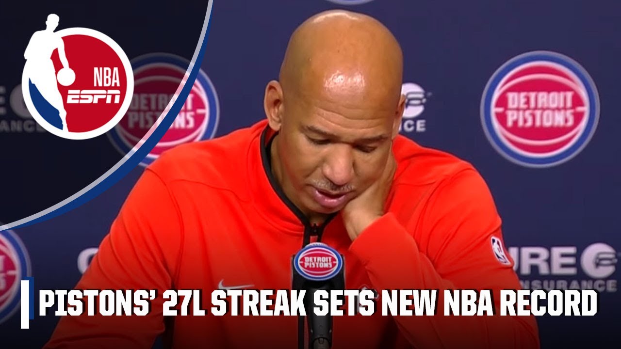 an image showing text headline that the Detroit Pistons set the losing streak record at 27 games with a picture of a man being pensive -it is the head coach of the team, Monty Williams